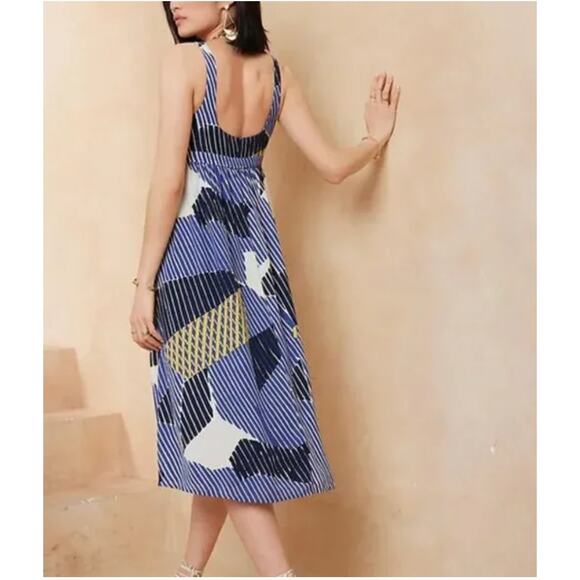 BANANA REPUBLIC NWT Empire Waist Blue Pattern Midi Dress // 6 Petite - Picture 3 of 13